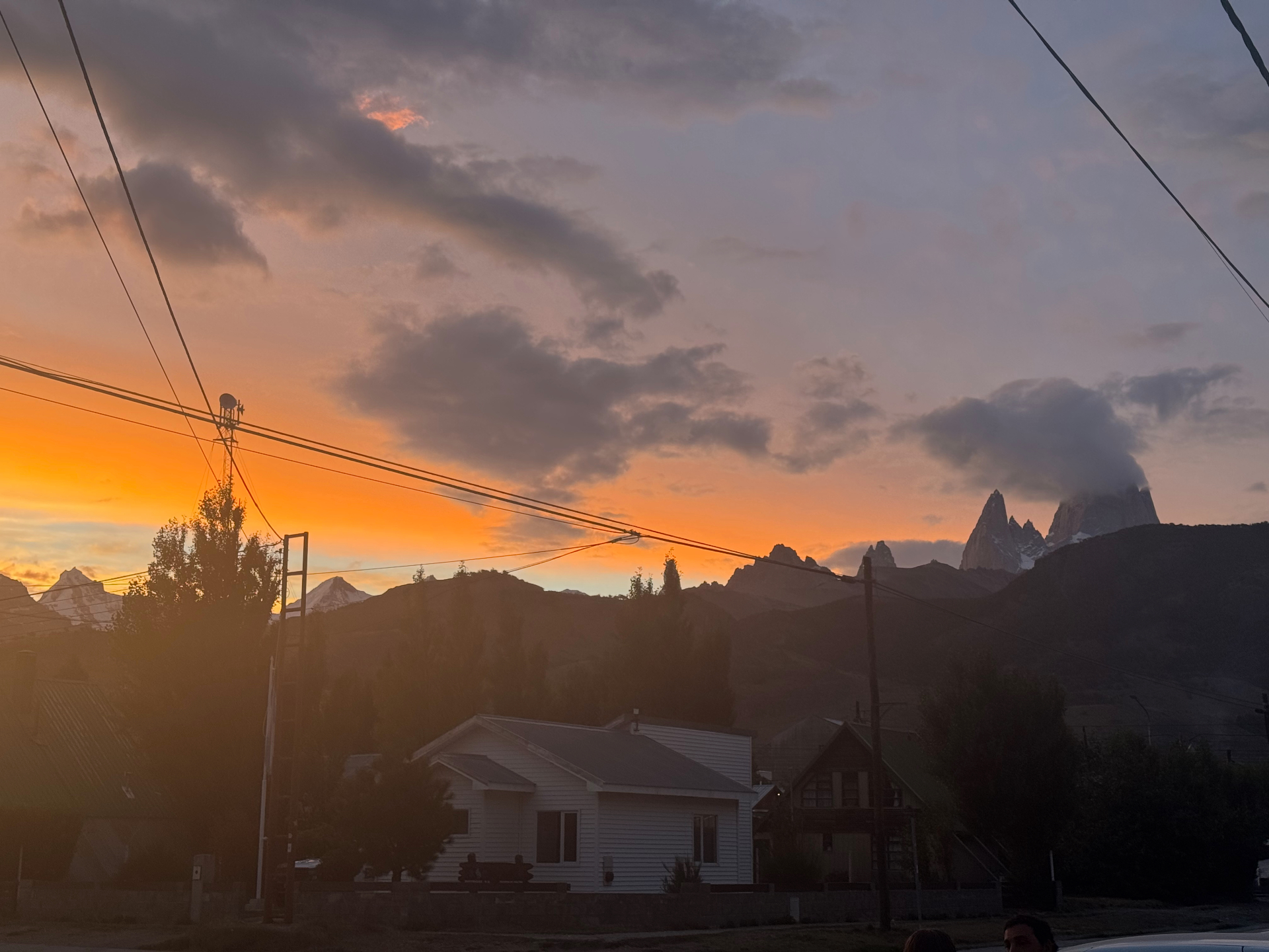 El Chalten — Sunset behind Fitz Roy from the village streets.