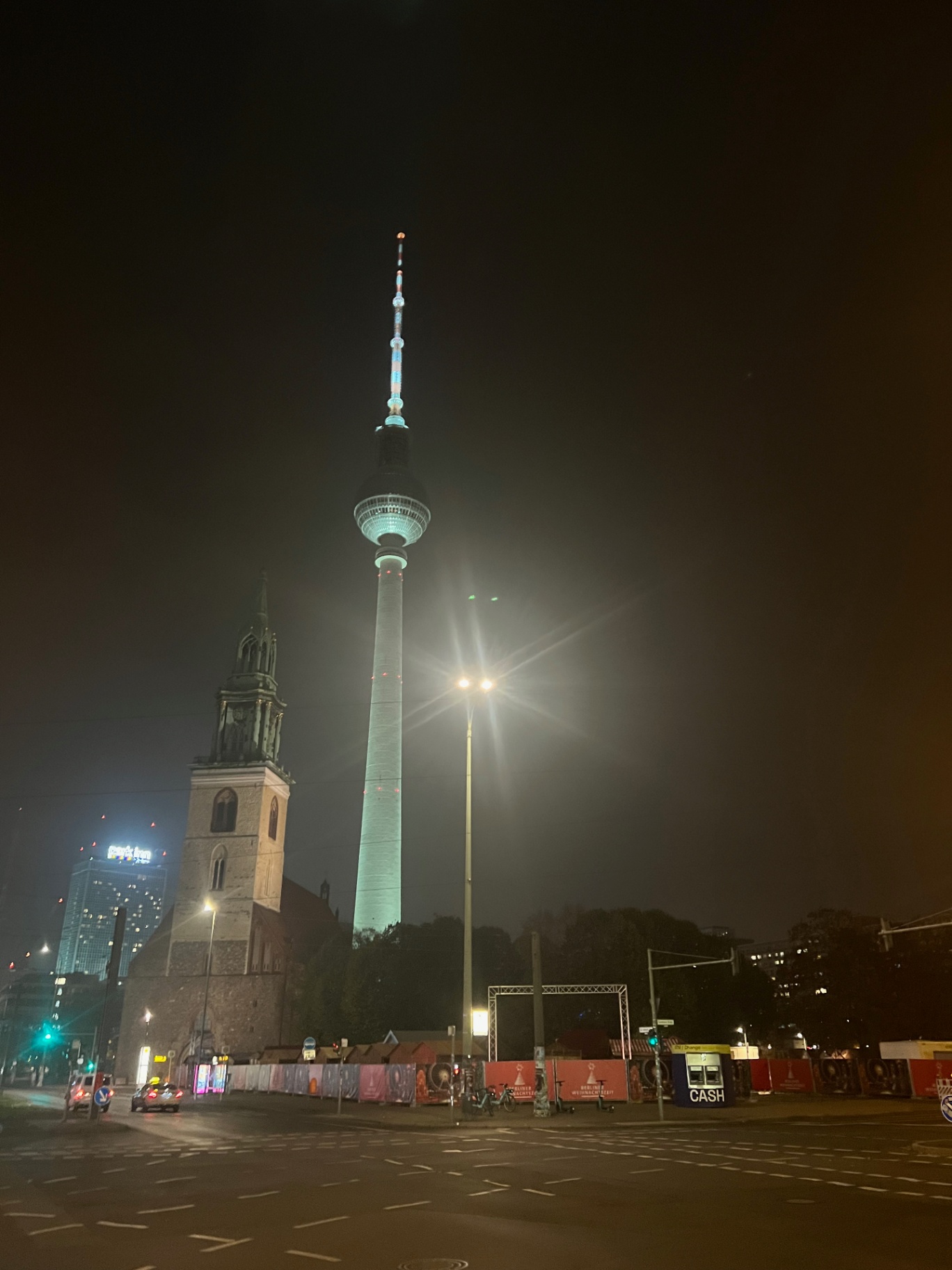 Berlin — Fernsehturm and Marienkirche after dark.