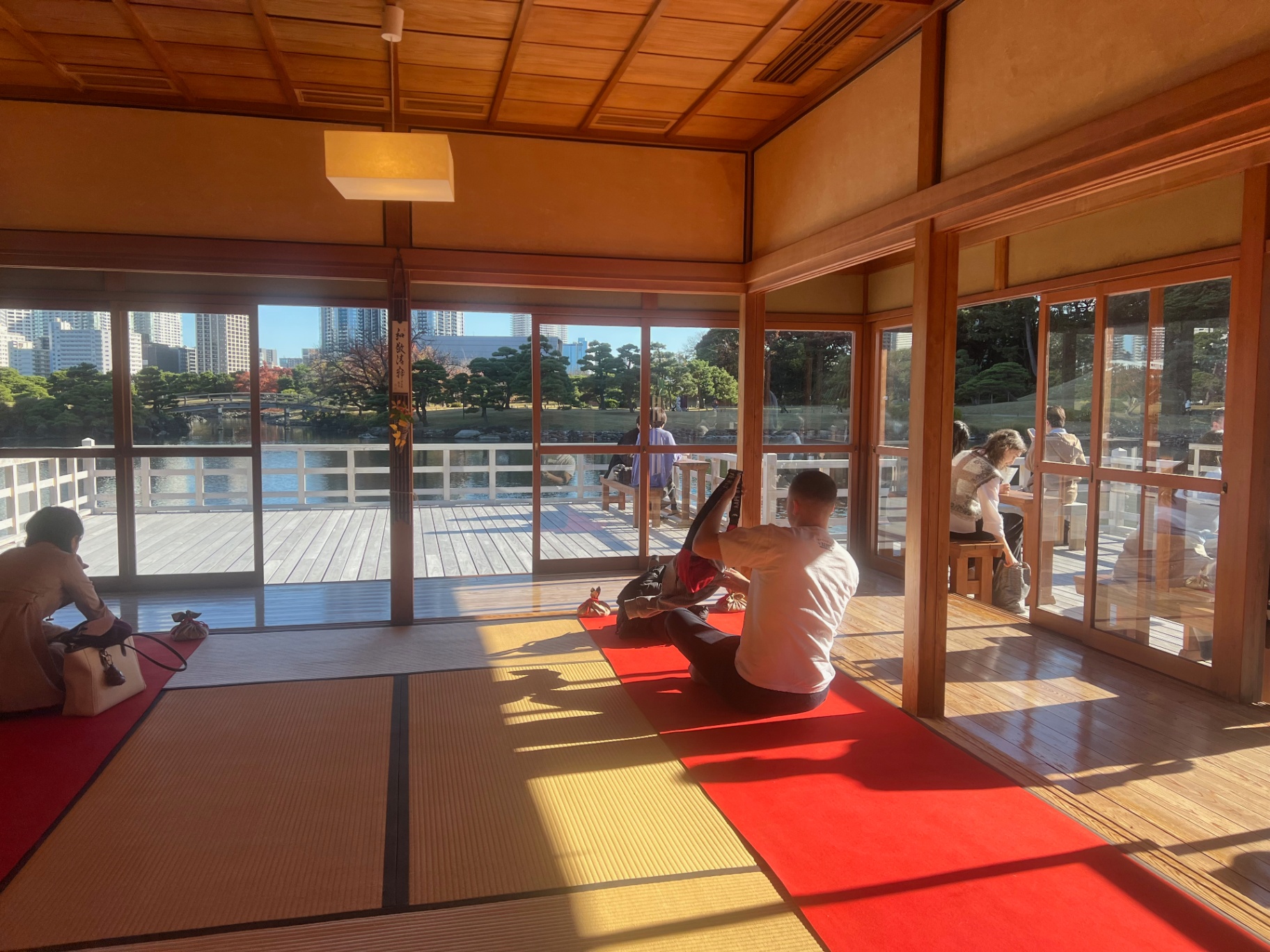 Tokyo — Winter sun cutting across tatami mats inside a traditional teahouse.
