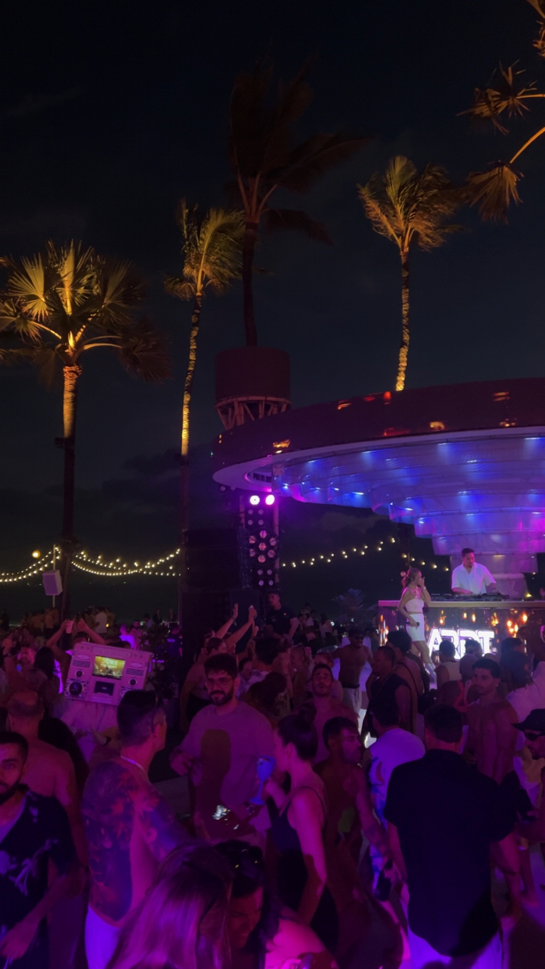 Bali — Beach club crowd dancing under palms at Canggu.