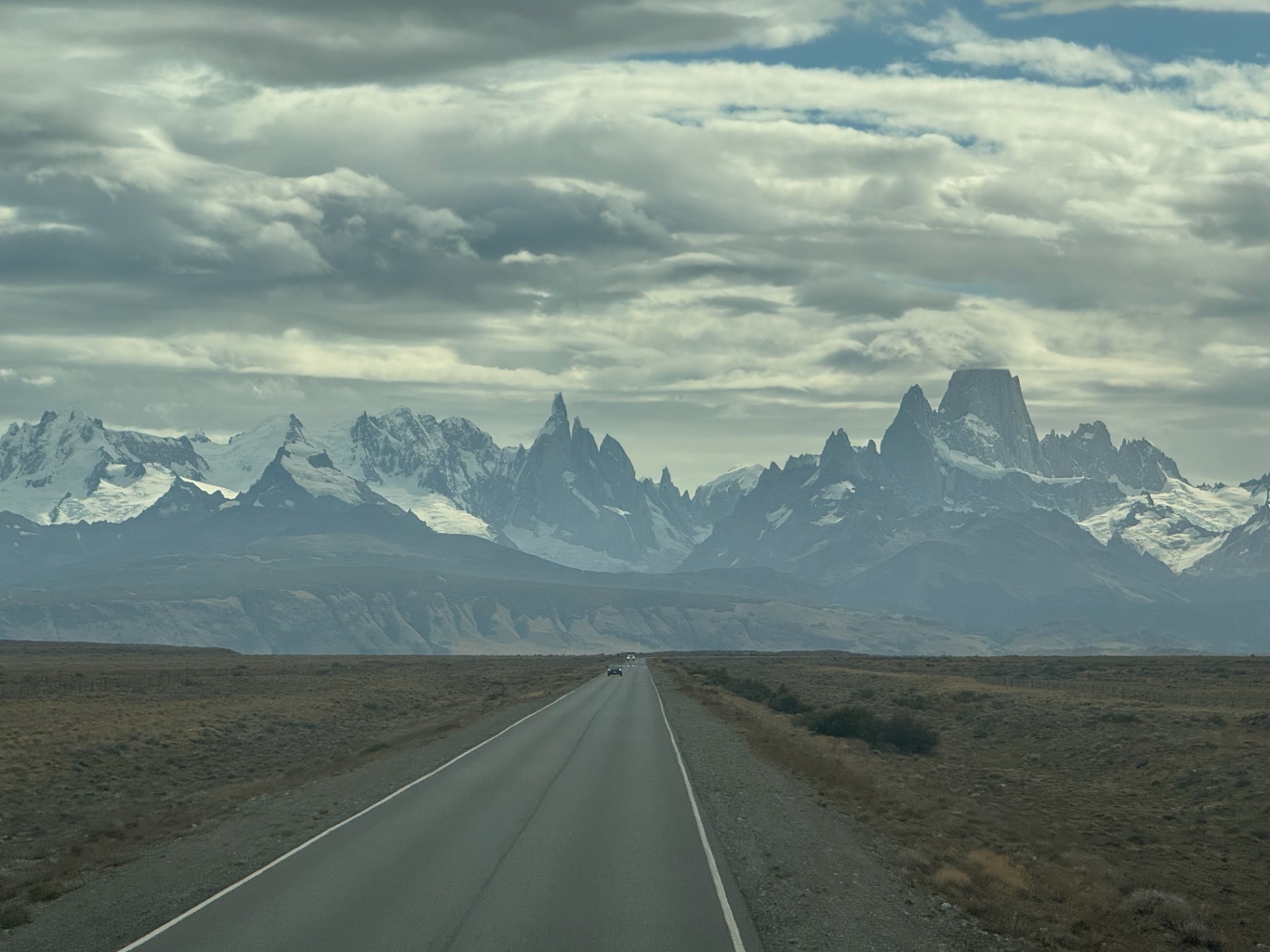 El Chalten — The road to Chalten, Fitz Roy and Cerro Torre on the horizon.