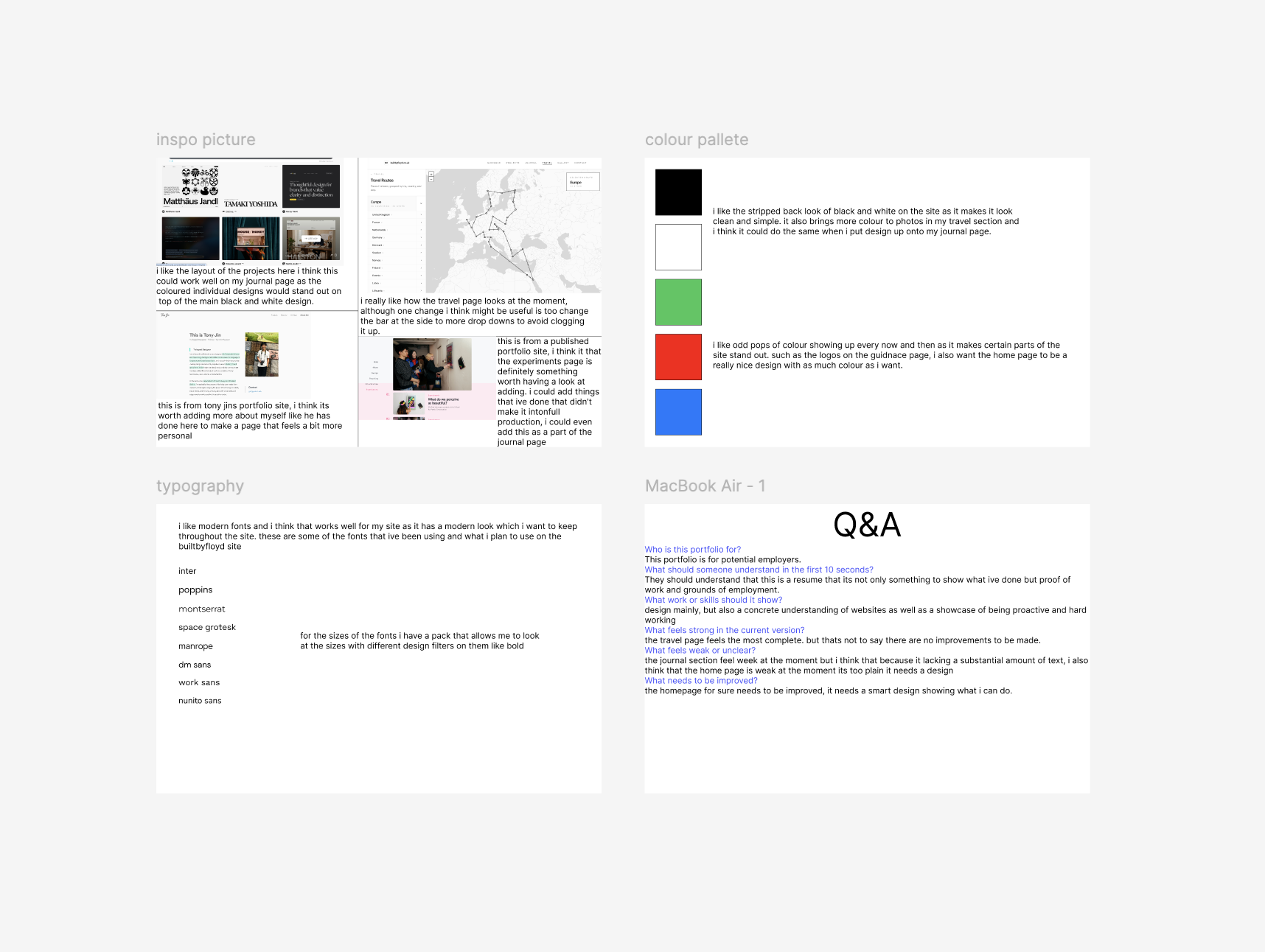 Inspiration board with colour palette, typography and a short Q&A