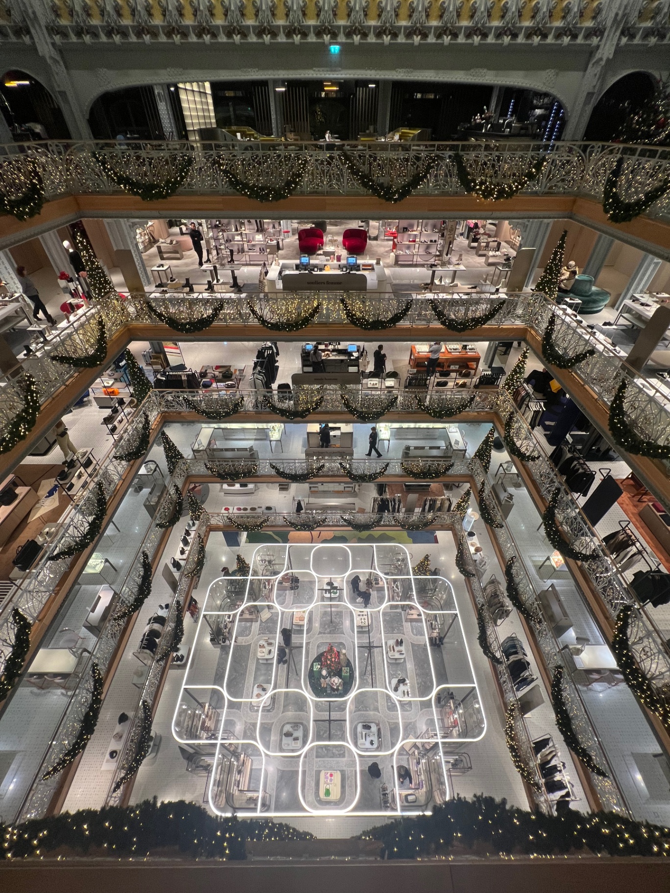 Paris — Galeries Lafayette dressed for Christmas, seen from above.