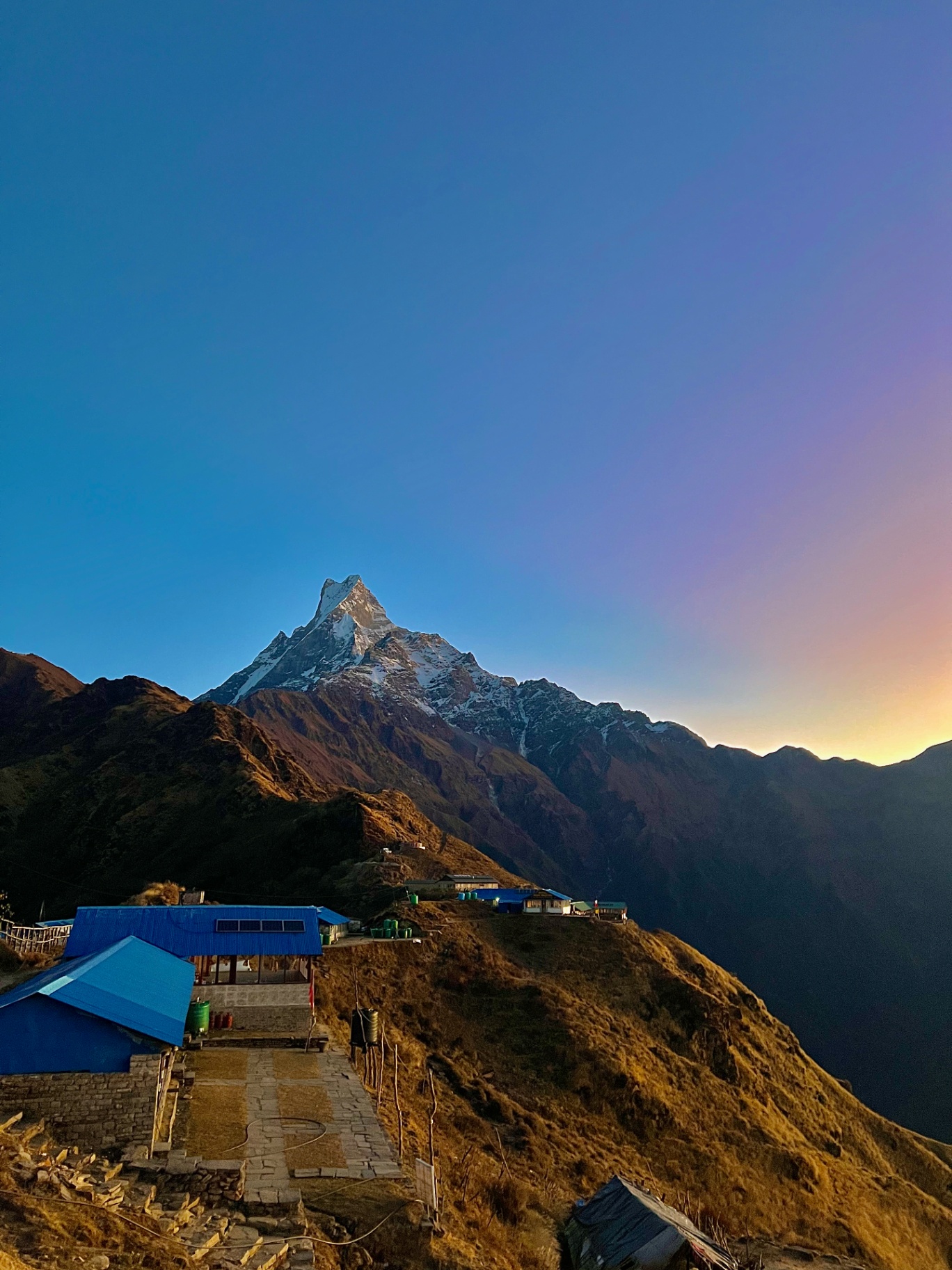 Pokhara — Mardi Himal base camp glowing under the Fishtail at first light.