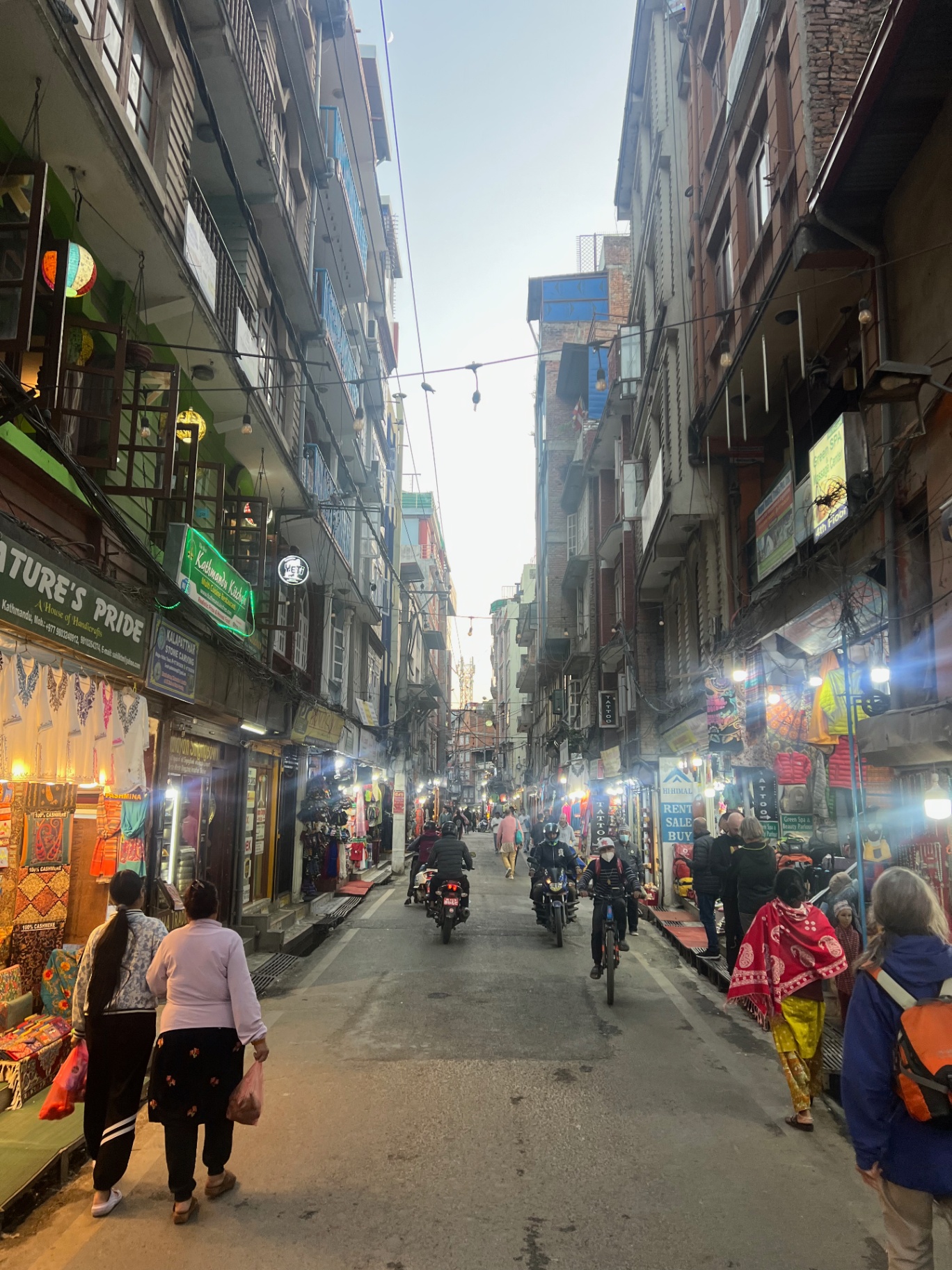 Kathmandu — Thamel's narrow streets thick with shops and motorbikes.
