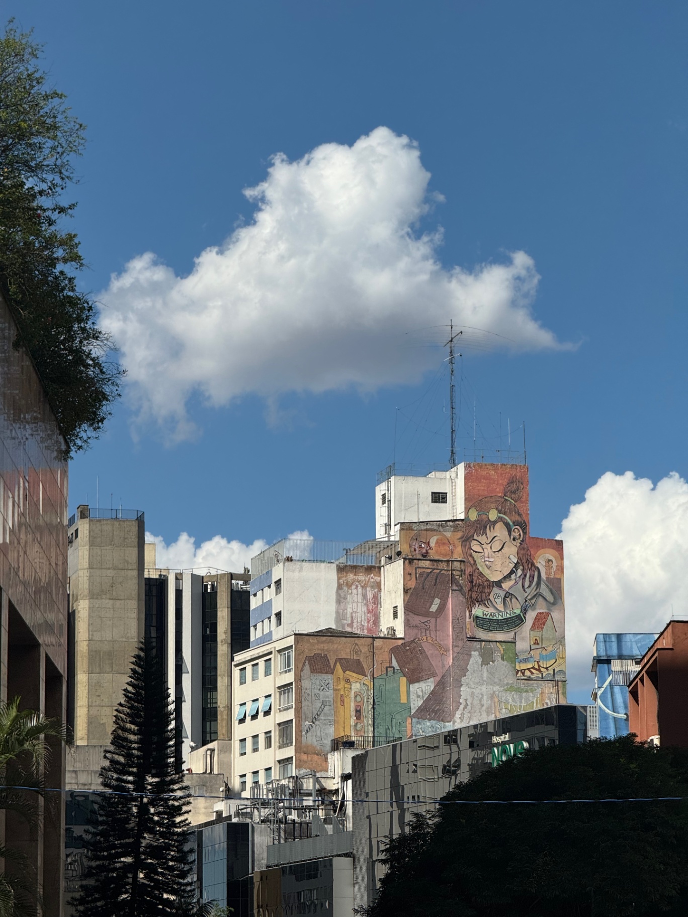 Sao Paulo — Street art and a giant cloud over the São Paulo skyline.