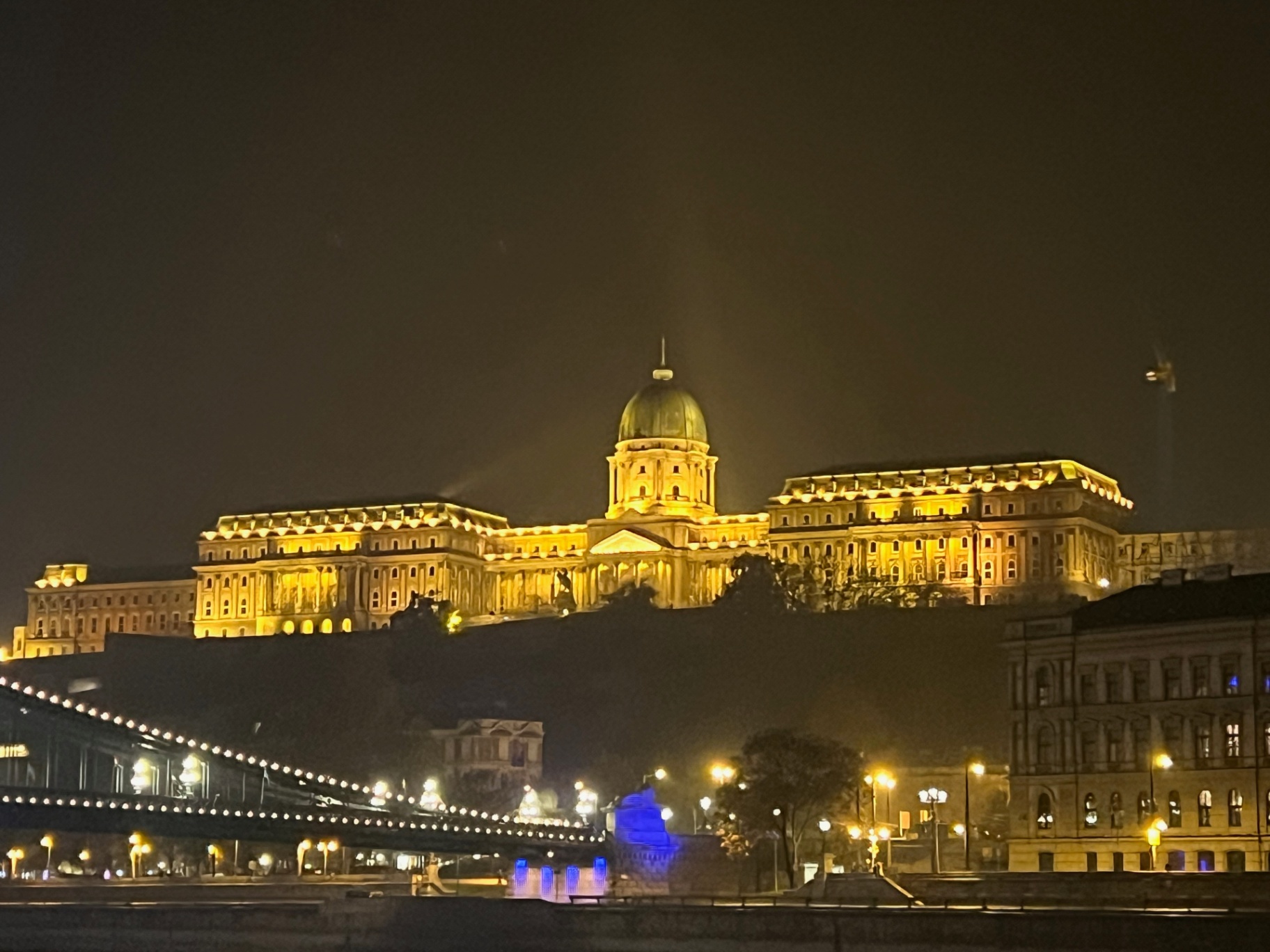Budapest — Buda Castle on the hill, Chain Bridge below.